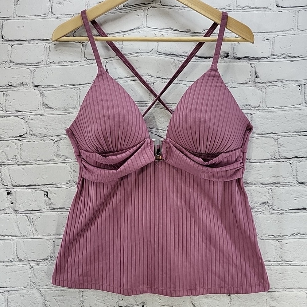 Aqua Couture Swim Top Womens Sz M Pink Mauve Criss-Cross Plunge Tankini